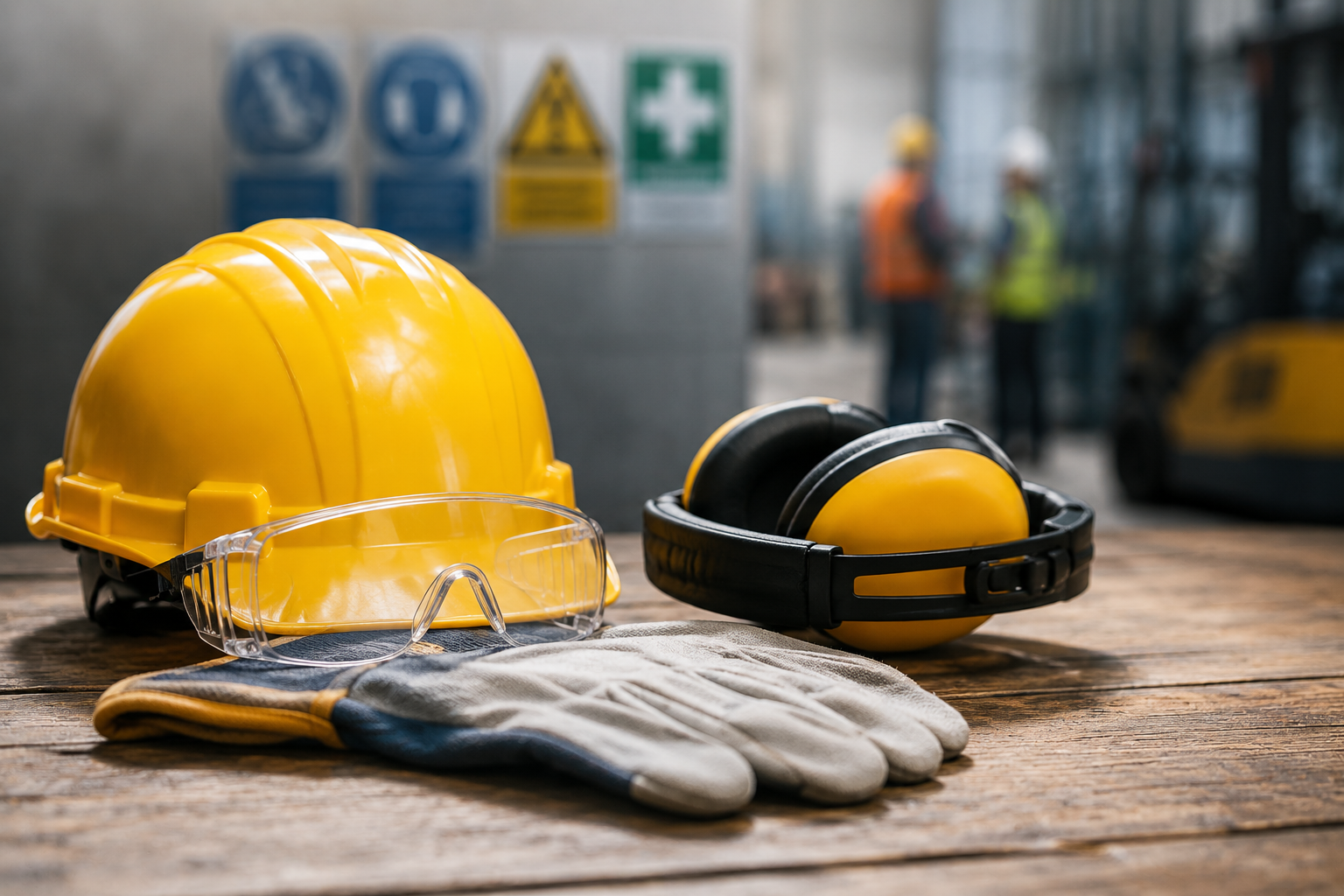 Arbeitsschutz Grundbetreuung mit Schutzhelm, Gehörschutz und Arbeitshandschuhen im industriellen Umfeld