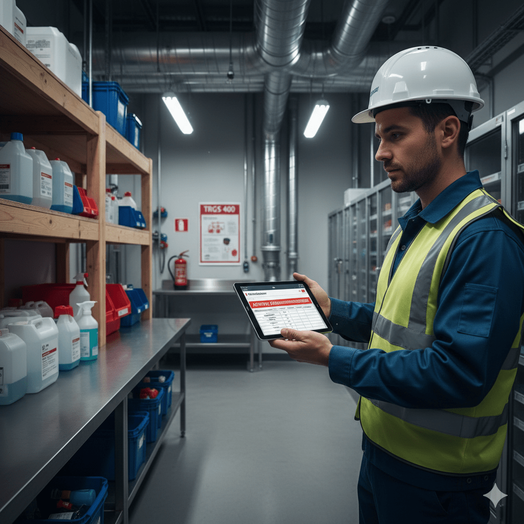 Fachkraft für Arbeitssicherheit prüft digitales Gefahrstoffverzeichnis auf einem Tablet in einem Gefahrstofflager mit vorschriftsmäßiger Kennzeichnung.
