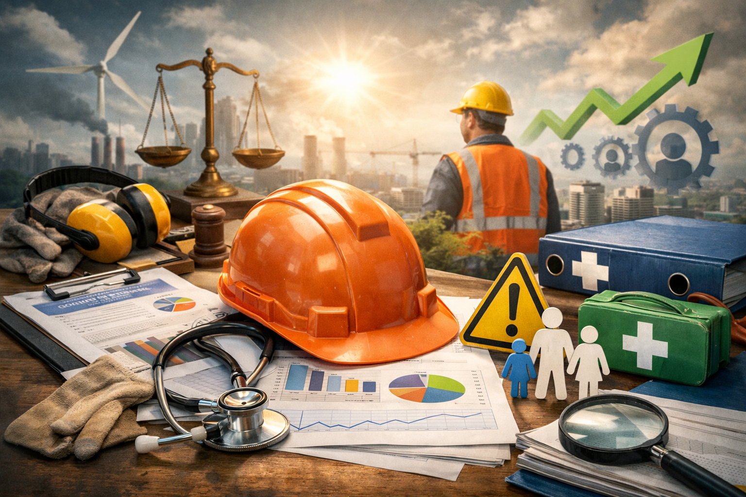 DGUV V2 Reform – Arbeitsschutz im Wandel Symbolische Darstellung von Arbeitsschutz und betrieblicher Prävention mit Schutzhelm, Sicherheitsausrüstung, medizinischen Elementen und Industriehintergrund im Kontext der DGUV-V2-Reform.