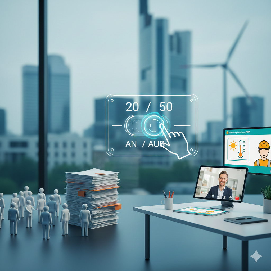 Symbolische Darstellung der DGUV Vorschrift 2 Neufassung 2026 mit Schwellenwerten, digitaler Sifa Beratung am Monitor und Hitzeschutz-Symbolen vor der Skyline von Frankfurt am Main.