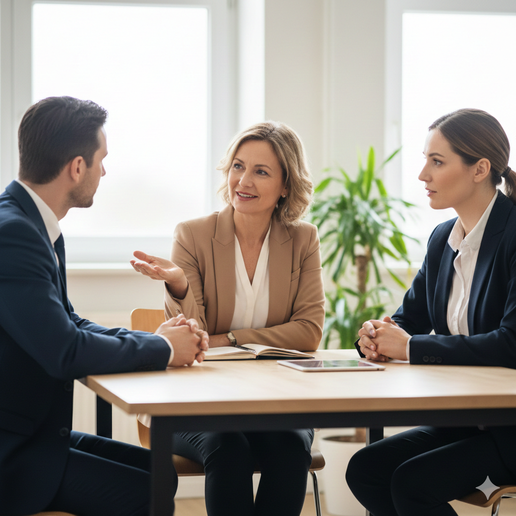 Eine externe Fachkraft für Arbeitssicherheit berät zwei Mitarbeitende in einem hellen Büro zum Thema psychische Belastung am Arbeitsplatz.