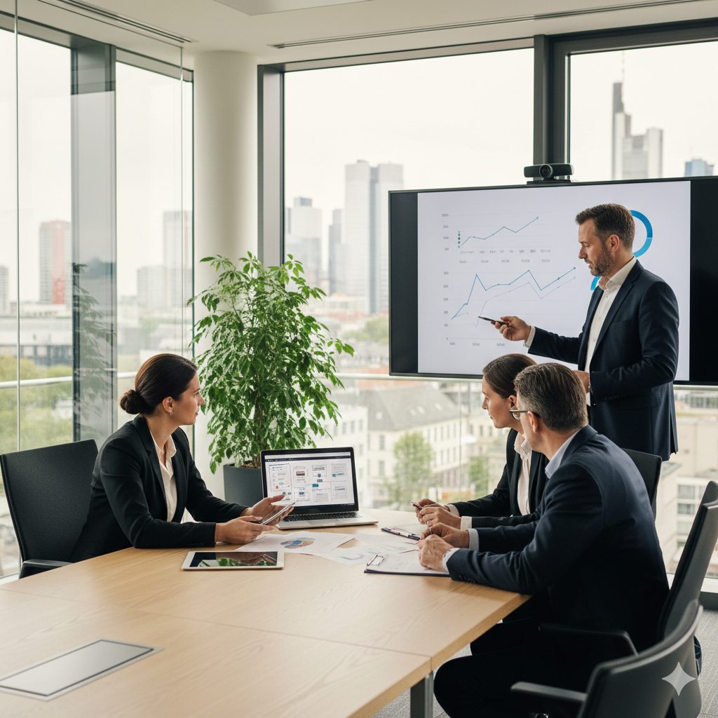 externe-sifa-kosten-vergleich-arbeitsschutz-bußgeld-vermeiden Eine externe Fachkraft für Arbeitssicherheit von Secutelli berät Geschäftsführer in einem Frankfurter Büro zur Vermeidung von Bußgeldern und Haftungsrisiken.