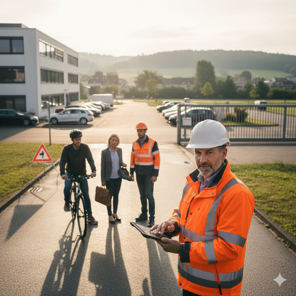 Eine Fachkraft für Arbeitssicherheit mit Warnweste und Tablet analysiert die Verkehrssituation und Zuwege vor einem Firmengebäude für die Gefährdungsbeurteilung.