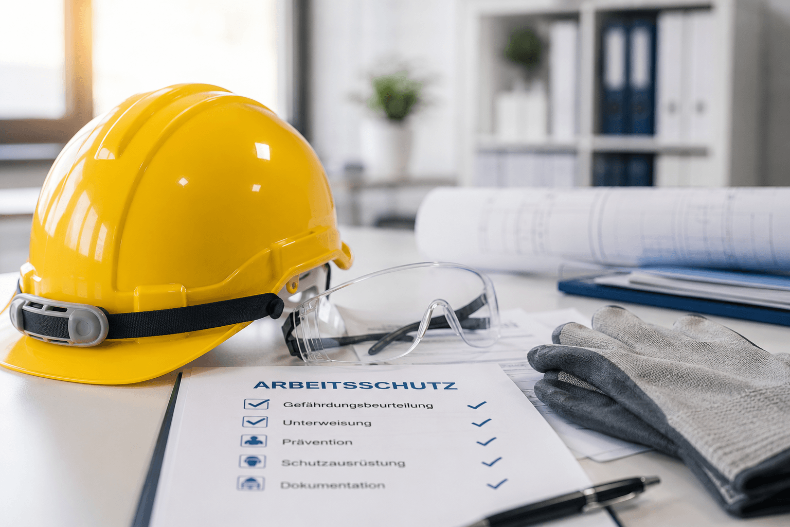 Schutzhelm, Schutzbrille, Schutzhandschuhe und Arbeitsschutz-Checkliste auf einem Schreibtisch als Symbol für professionelle Arbeitsschutzberatung.