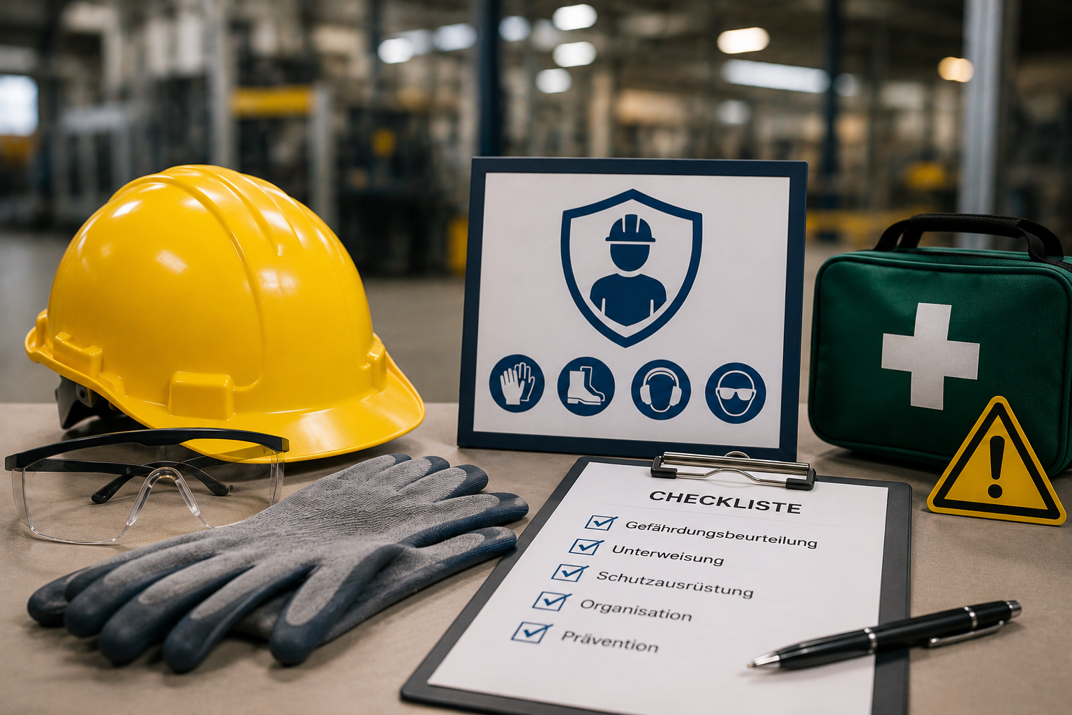 Persönliche Schutzausrüstung mit Schutzhelm, Schutzbrille, Handschuhen, Erste-Hilfe-Set und Checkliste zur Arbeitsschutz-Grundbetreuung in einem modernen Industriebetrieb.